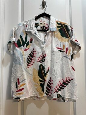 Cynthia Rowley White Floral Button Down Shirt Med Short Sleeve 100% Linen